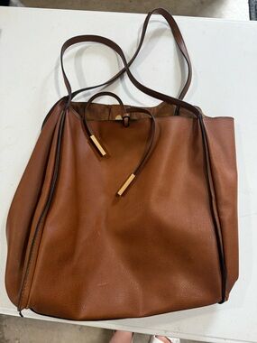 a new day Brown Leather Tote Bag with Gold Accents